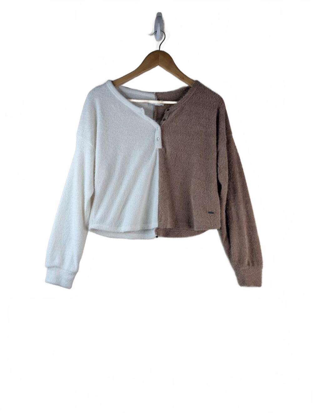 Hollister Two-Tone‎ Oversized Cropped Henley Sweater, Size Small